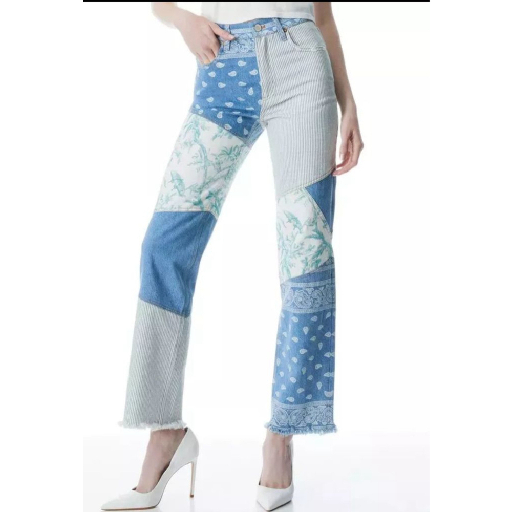 NWT Alice + Olivia Mixed Patchwork High Rise Wide Leg Denim Jeans Size-29